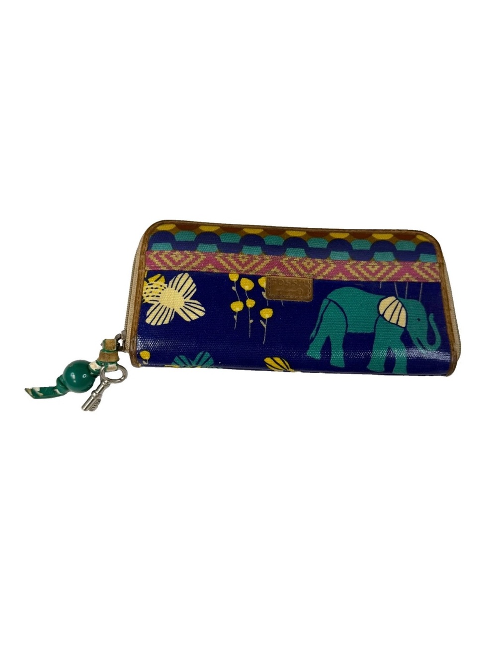 Key Per Fossil Women’s Zip Around Wallet Coated Canvas Elephants Blue Yellow
